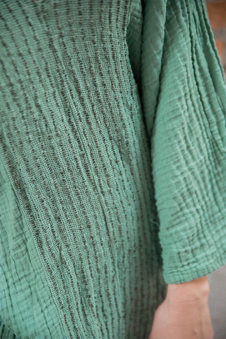 NO.238 Women's Three Quarter Sleeve Vertical Striped Detail V-Neck Kaftan, Cover Up Caftan, Natural Fiber Flexible Cotton Dress in Mint image 9