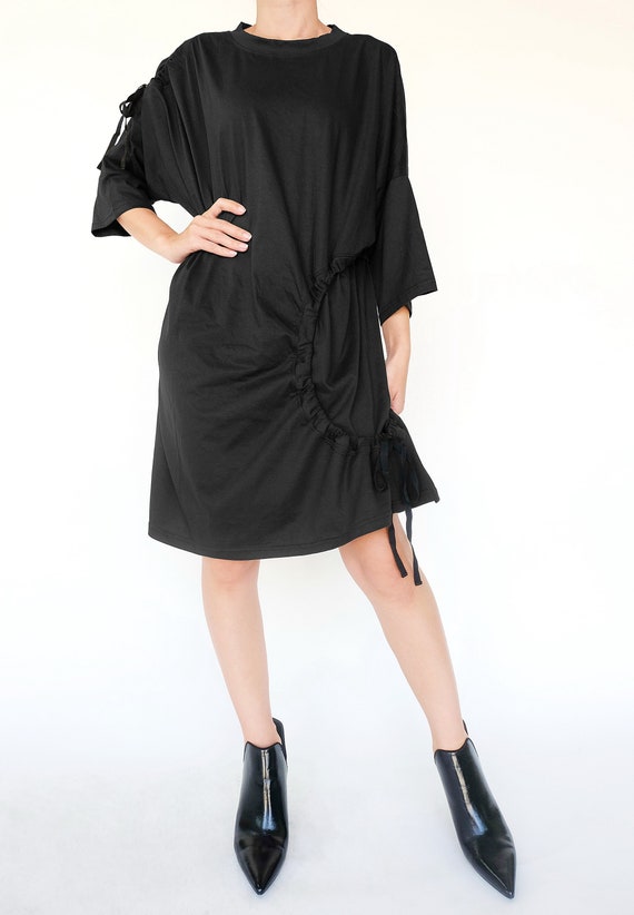 NO.257 Women's Crew Neck Short Sleeve Ruched Circle Dress, T-Shirt Dress in Black NO.257 Women's Crew Neck Short Sleeve Ruched Circle Dress, T-Shirt Dress in Black