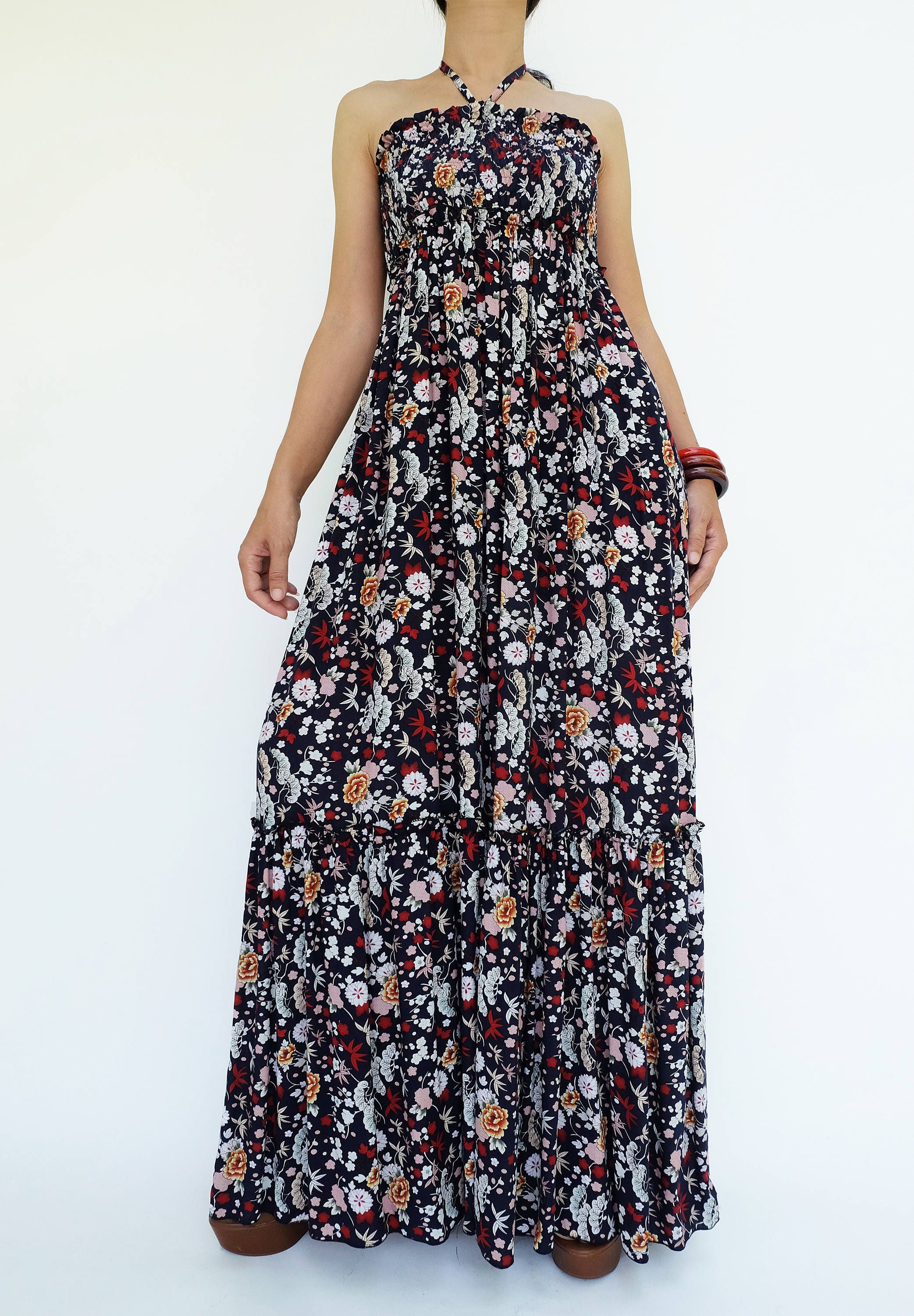 NO.219 Women's Floral Print Strapless Peasant Maxi Dress, Resort Dress,  Tiered Maxi Dress in Dark Blue - Etsy UK