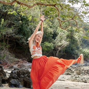 NO.5 Women's Hippie Gypsy Boho Tiered Peasant Long Maxi Skirt in Orange image 7