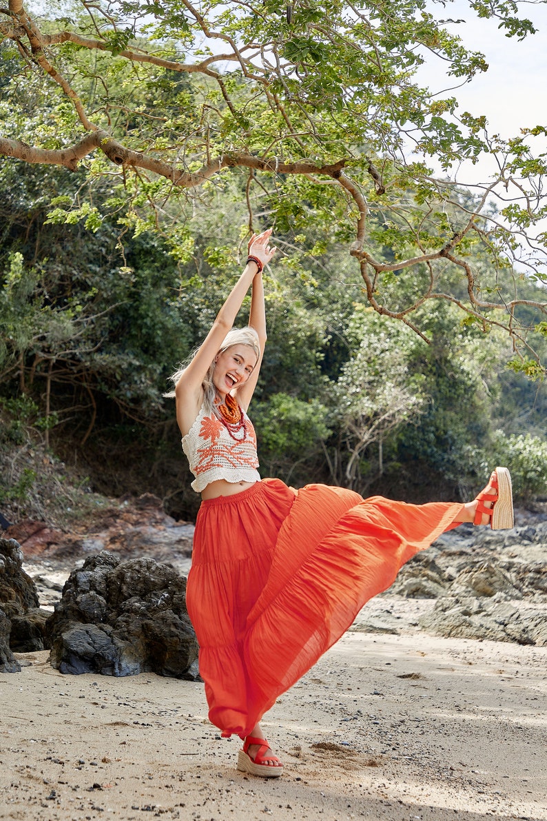 NO.5 Women's Hippie Gypsy Boho Tiered Peasant Long Maxi Skirt in Orange image 7