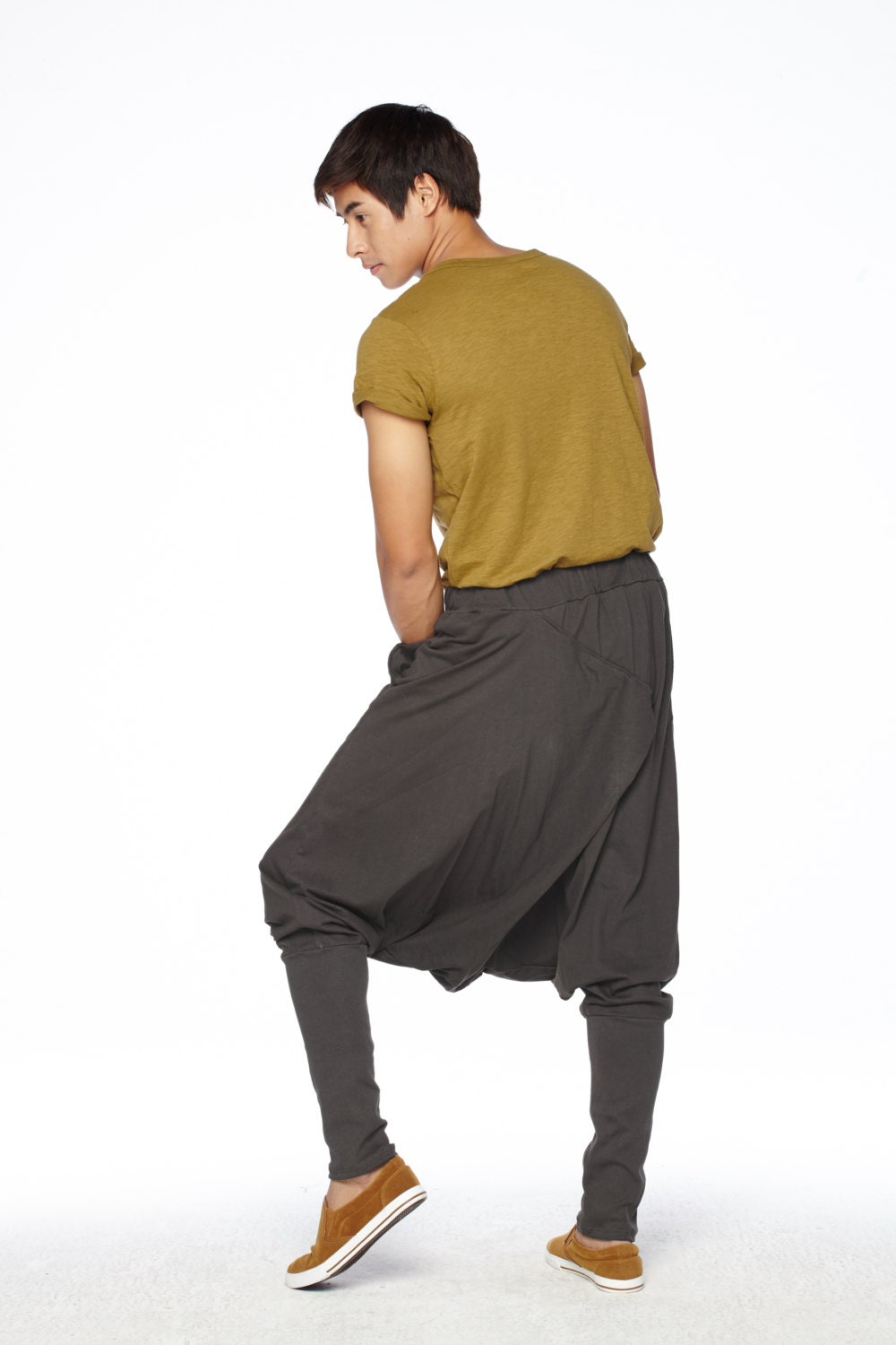 NO.167 Men's Button Detail Drop Crotch Harem Pants, Cross Front