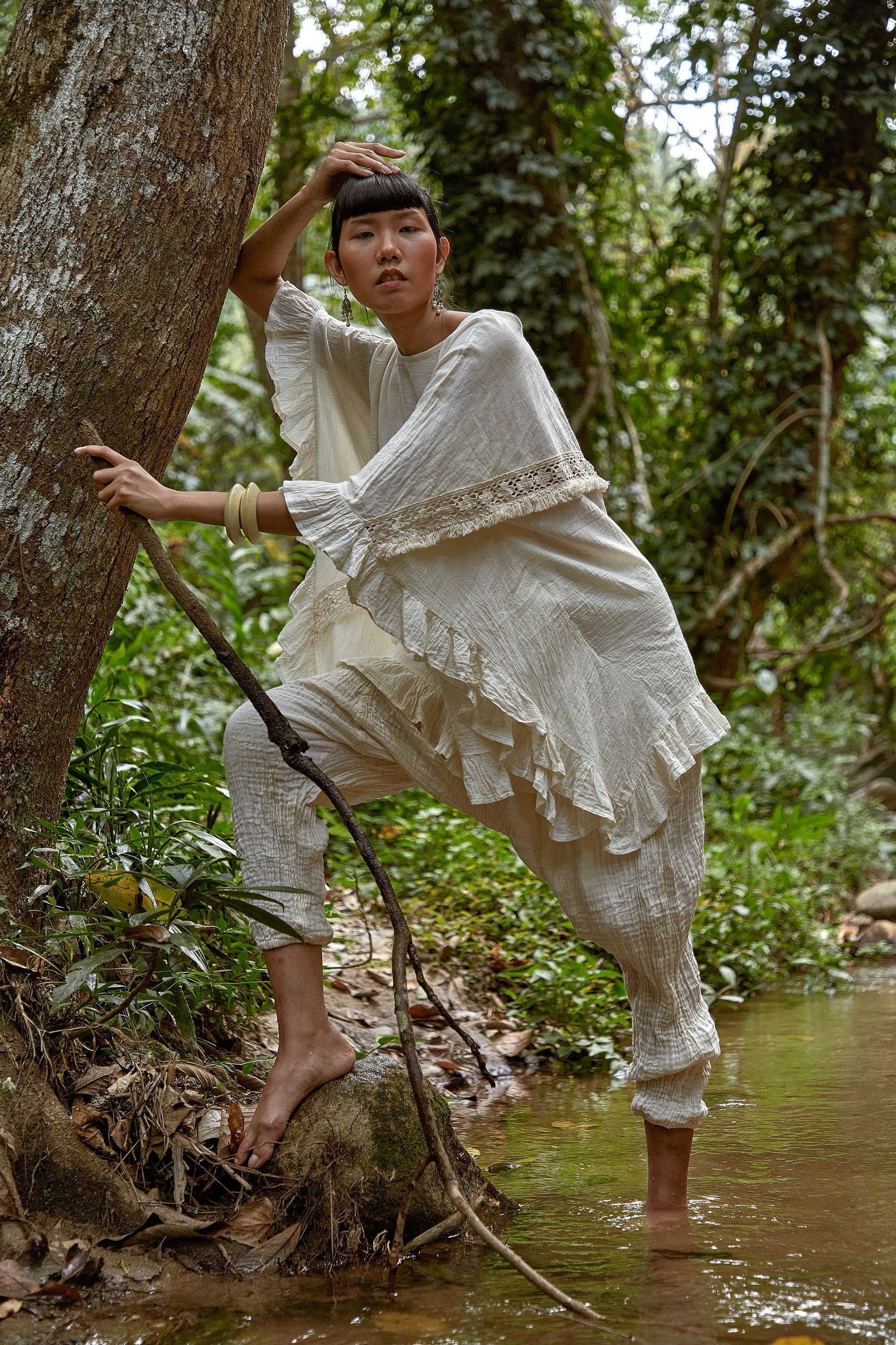 NO.295 Women's Ruffle Trimmed Kaftan Top, Beach Wear Cotton Cover-Up Caftan in Cream