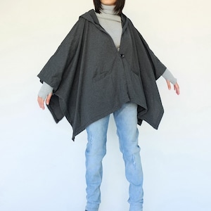 NO.163 Women's Button Front Hooded Poncho, Comfy Versatile Cape in Mottled Gray image 3