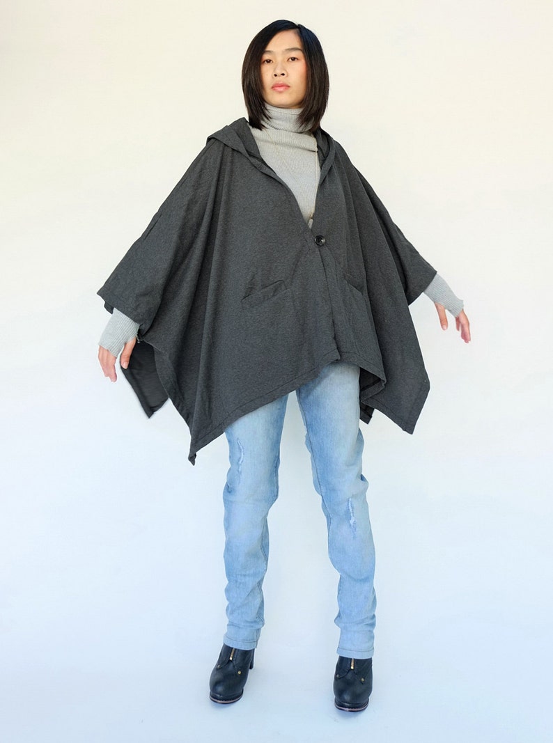 NO.163 Women's Button Front Hooded Poncho, Comfy Versatile Cape in Mottled Gray image 3