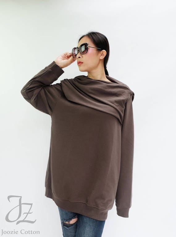 No 230 Brown Cotton Blend Jersey Drape Neck Sweatshirt Long Etsy