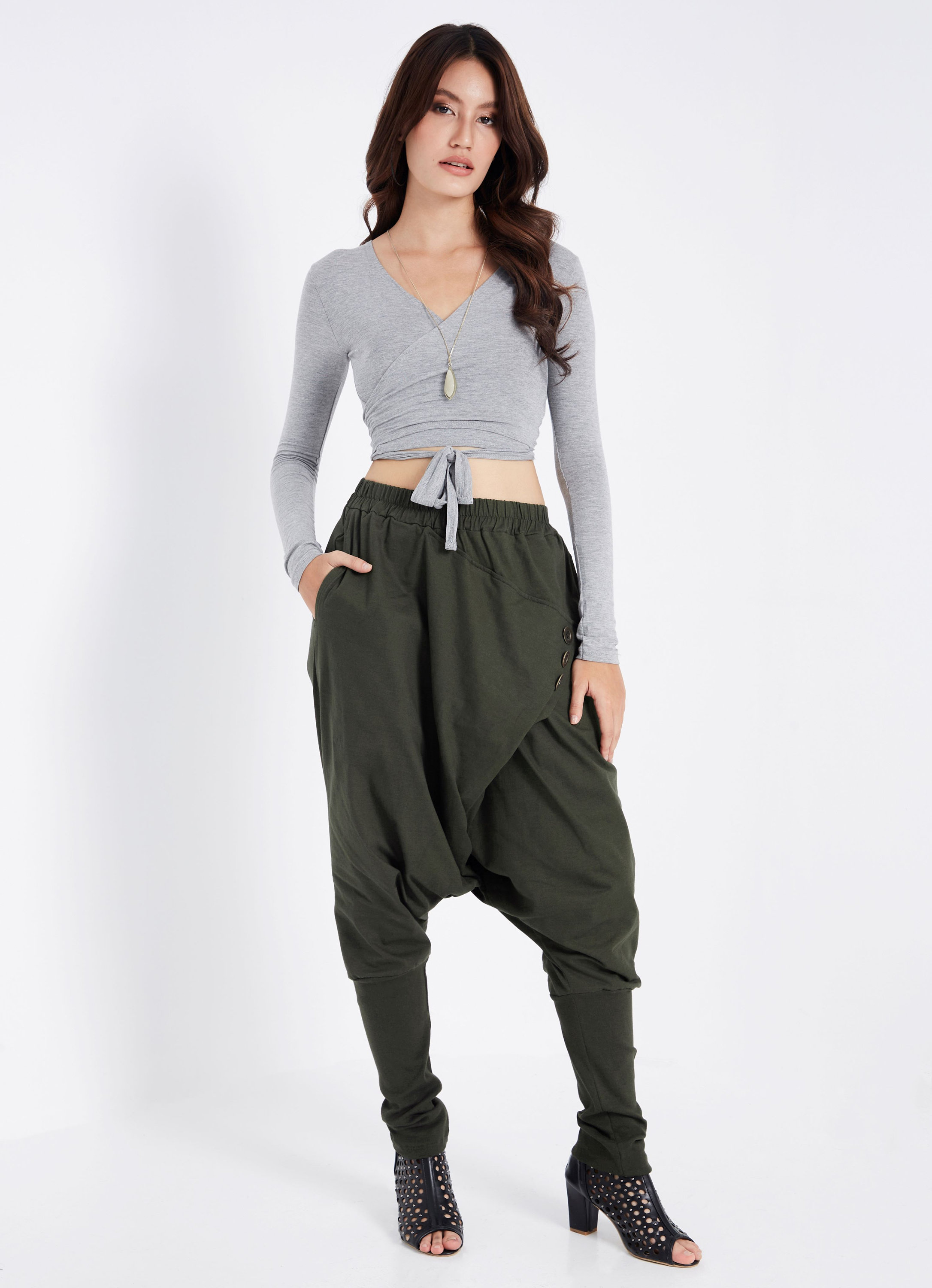 新品　salsation Crotch Pants DARK GREEN NO.167 Women's Button Detail Drop Crotch Harem Pants, Cross Front