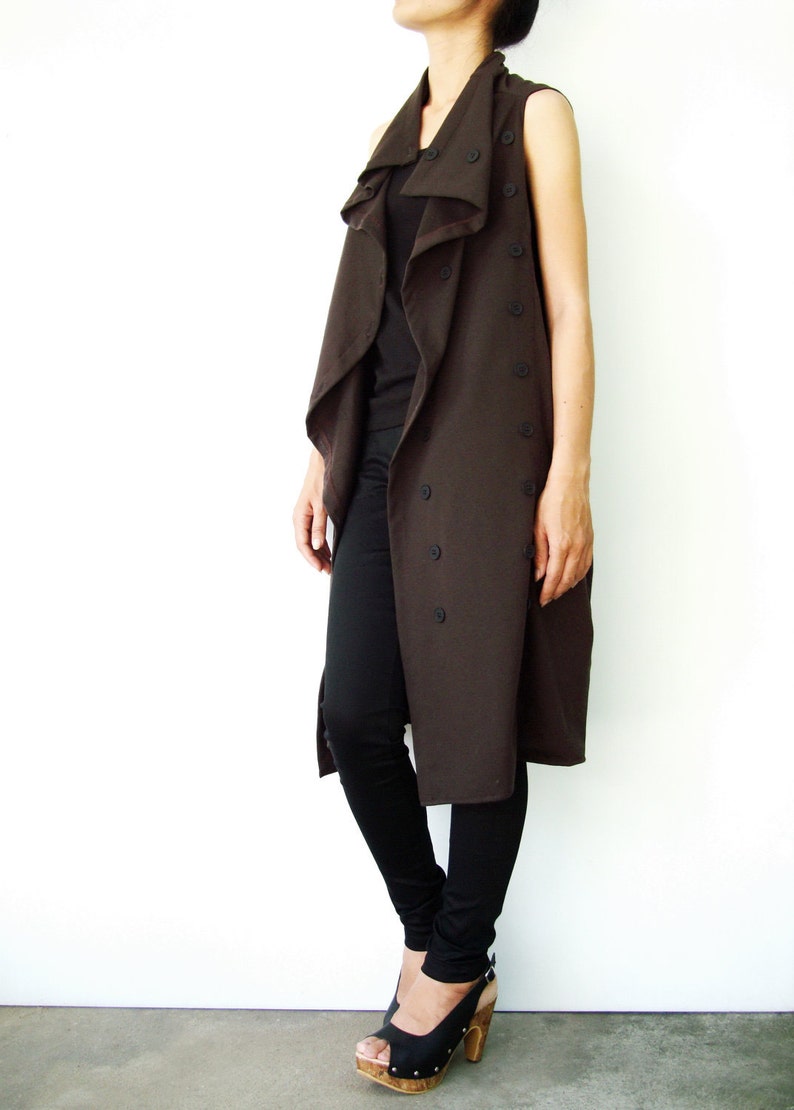 NO.67 Women's Front Effect Long Vest, Sleeveless Asymmetric Cardigan, Casual Long Top with Pockets in Brown image 2