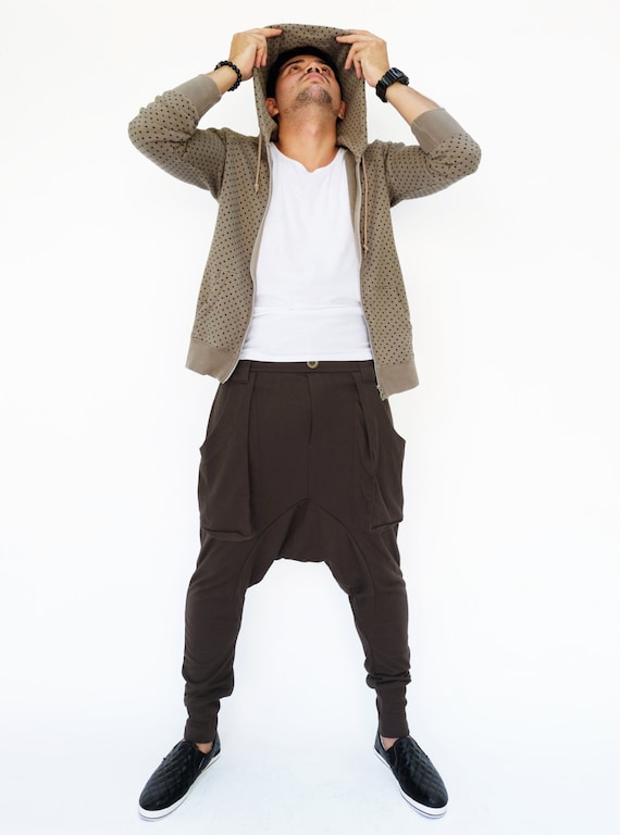 NO.190 Men's Patch Pocket Drop Crotch Harem Pants, Low Crotch Trousers, Harem Jogger Pants, Unisex Pants in Charcoal