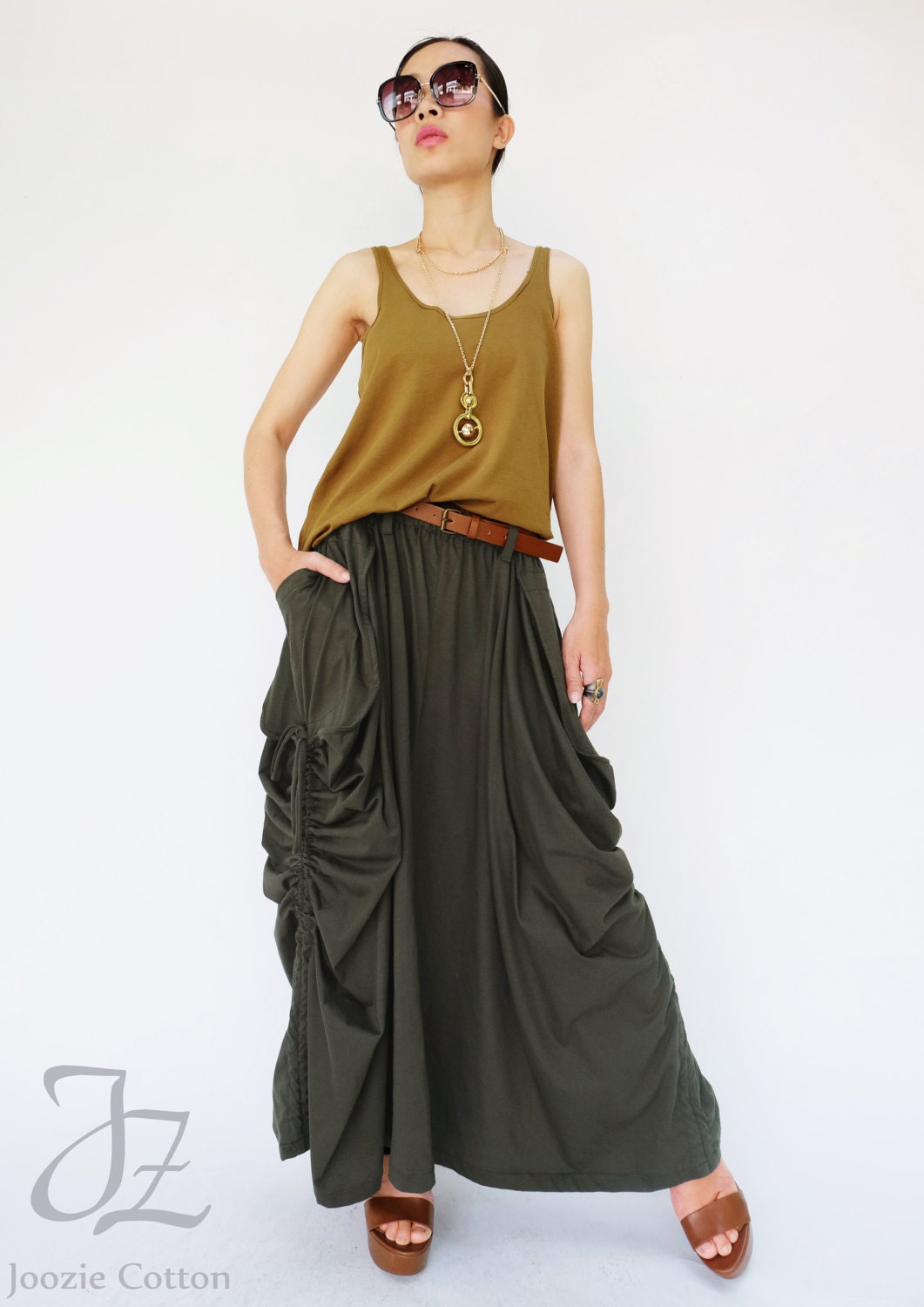 NO.123 Dark Olive Cotton Jersey Mega Pocket Maxi Skirt | Etsy