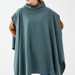 NO.279 Womens Stand Collar Poncho Sweater, Extravagant Asymmetric Poncho Fall Winter, Poncho in Heather Teal image 4