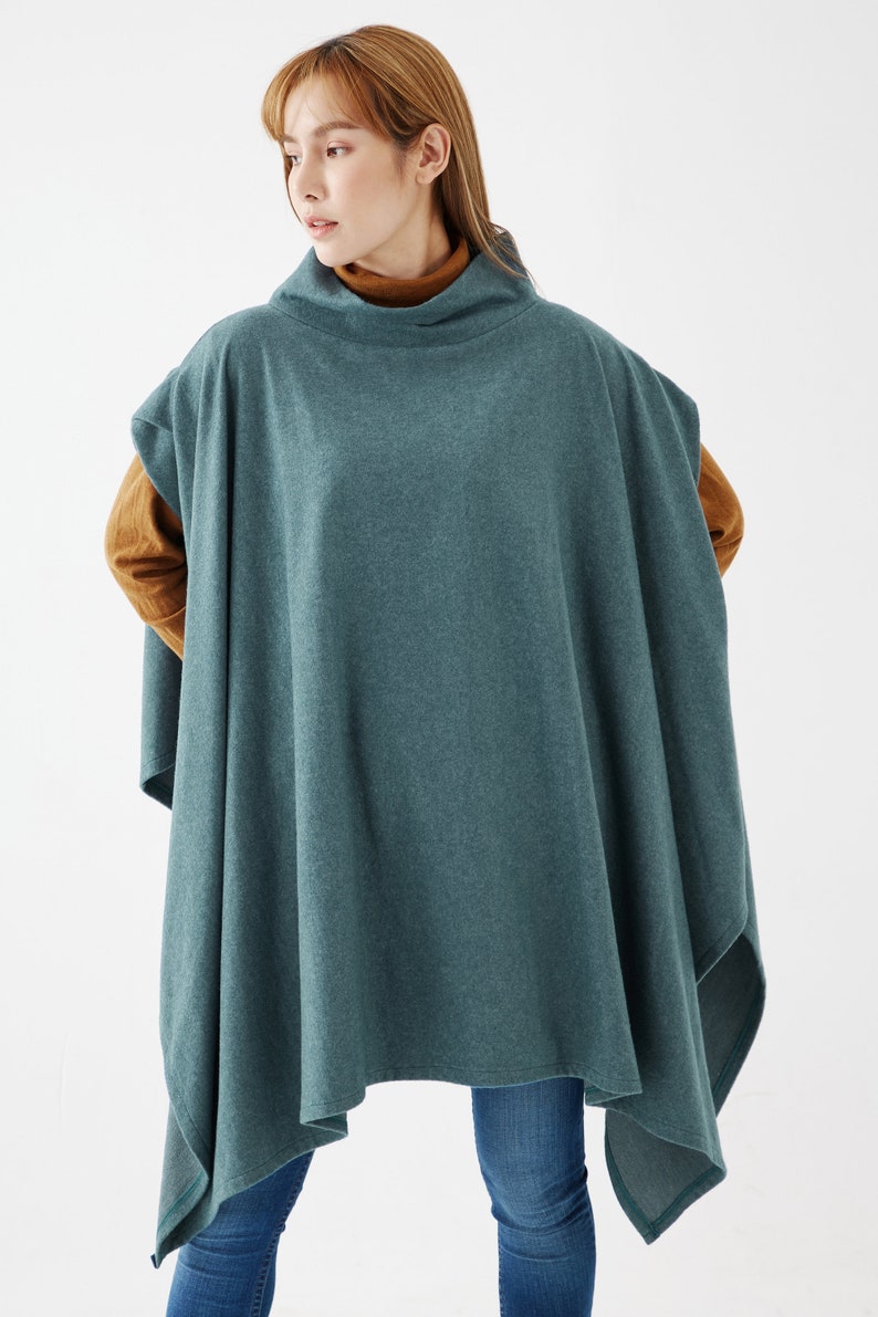 NO.279 Womens Stand Collar Poncho Sweater, Extravagant Asymmetric Poncho Fall Winter, Poncho in Heather Teal image 4