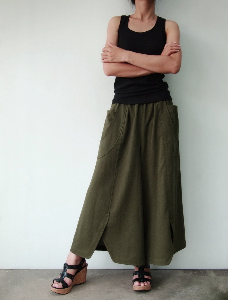 NO.41 Womens Wide Leg Palazzo Pants, Casual Loose Fitting Trousers in Dark Olive image 2