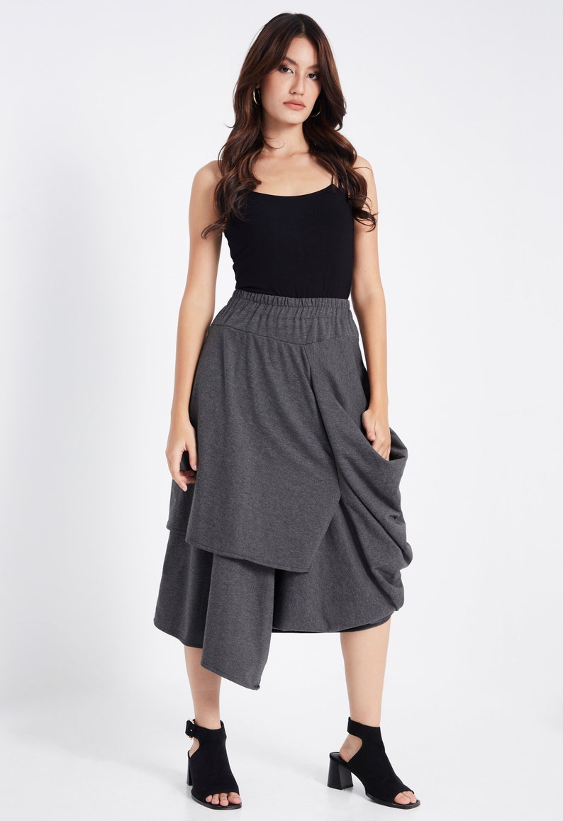 NO.187 Women's Taxidermy Asymmetric Skirt/Pants, Casual Wide Leg Trousers, Cropped Pants/Skirt in Mottled Gray image 3