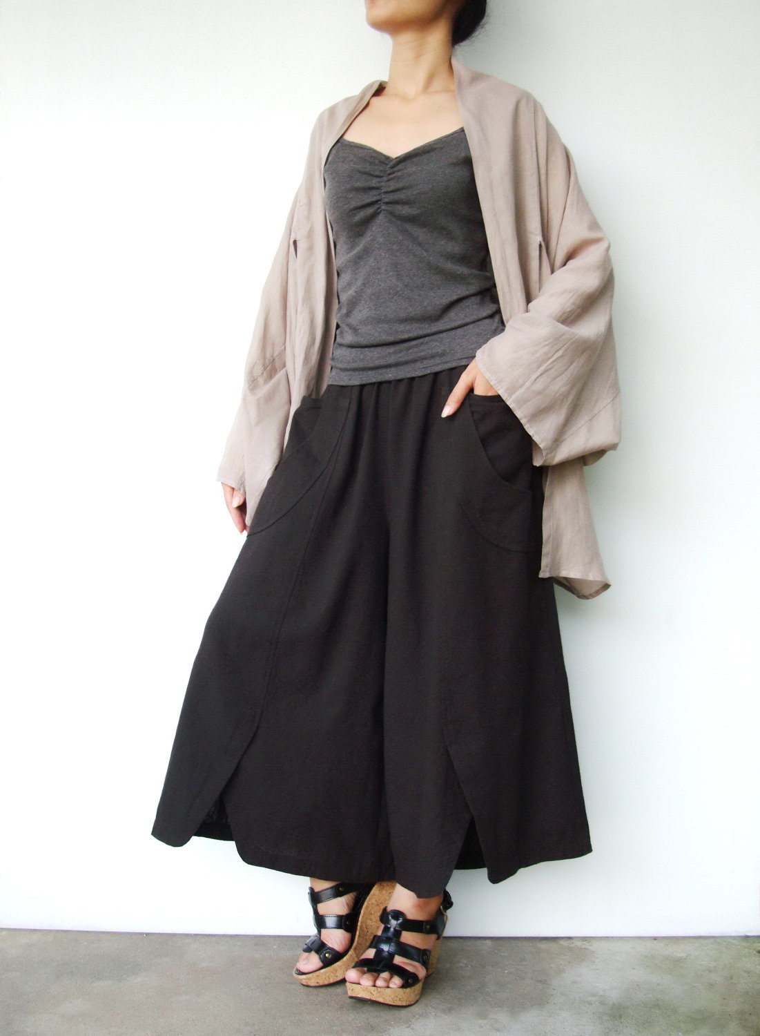 NO.41 Damen Palazzo Hose mit weitem Bein, Lässige Locker Sitzende Hose in Anthrazit Braun