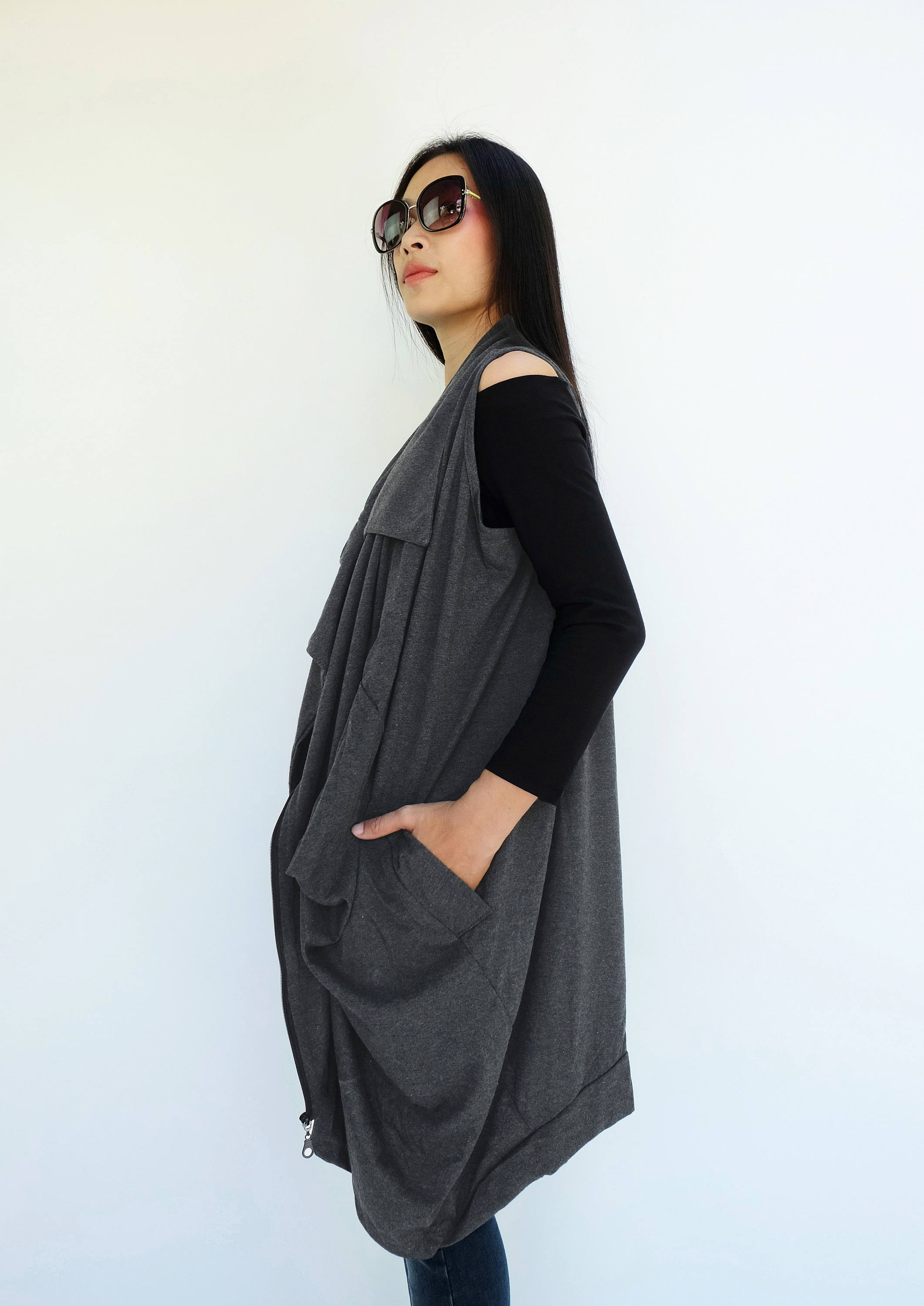 NO.224 Women's Stylish Zip Front Asymmetrical Vest, Relaxed