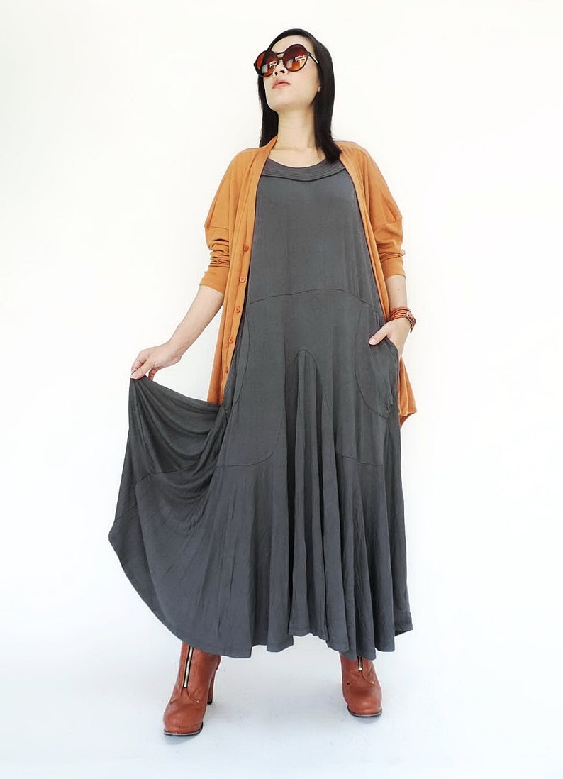 NO.129 Women's Softly Softly Sleeveless Maxi Dress, Sleeveless Swing Long Dress in Gray image 3