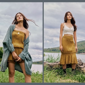 NO.298 Women&#39;s Smocked Strapless Tube Top, Smocked Ruffle Skirt, Sexy Off Shoulder Sleeveless Strapless Tube Top in Mustard Yellow