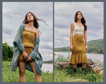 NO.298 Top tomara que caia feminino, saia com babados, top tomara que caia sexy sem mangas e sem alças em amarelo mostarda
