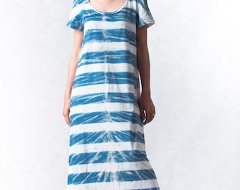 Vestido camiseta a rayas para mujer NO.109, vestido camiseta de manga corta en azul