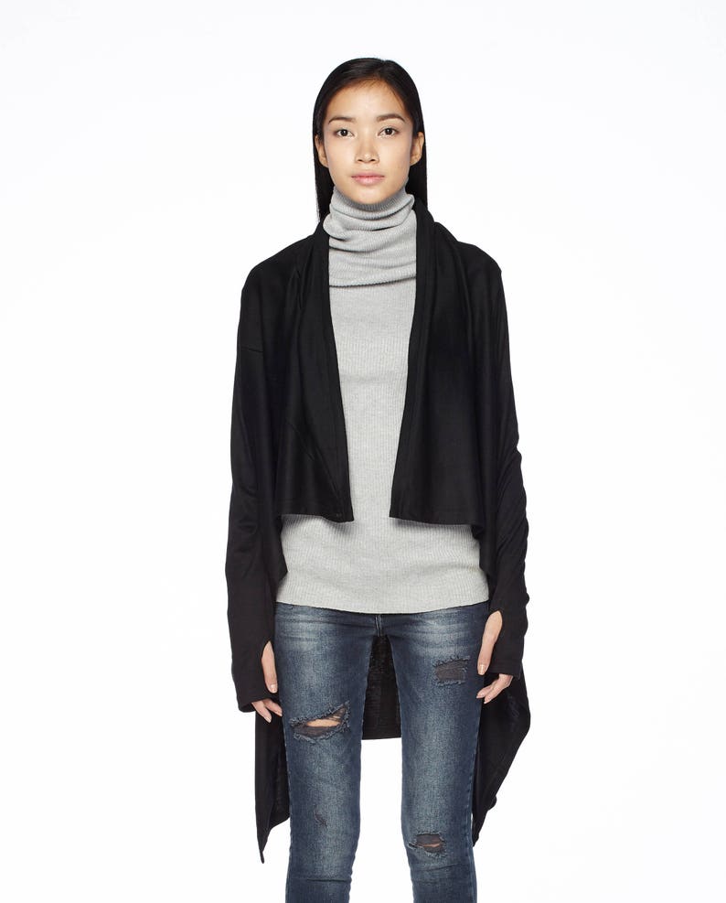 Women\u2019s Cardigan Wrap Top NO.61 Black Cotton-Blend Jersey Versatility Cardigan