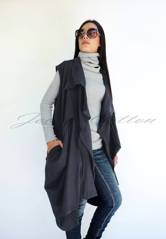 NO.224 Dark Blue Cotton Jersey Stylish Asymmetrical Vest Zip | Etsy
