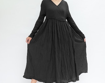 NO.251 Long Sleeve Wrap Dress, Casual Summer Dress, Natural Fiber Flexible Cotton Long Cardigan in Black