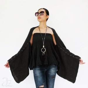 NO.141 Women's Scarves, Shawl With Buttons, Convertible Scarf, Natural Fiber Flexible Cotton Shawl in Black image 1