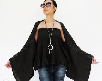 NO.141 Women's Scarves, Shawl With Buttons, Convertible Scarf, Natural Fiber Flexible Cotton Shawl in Black