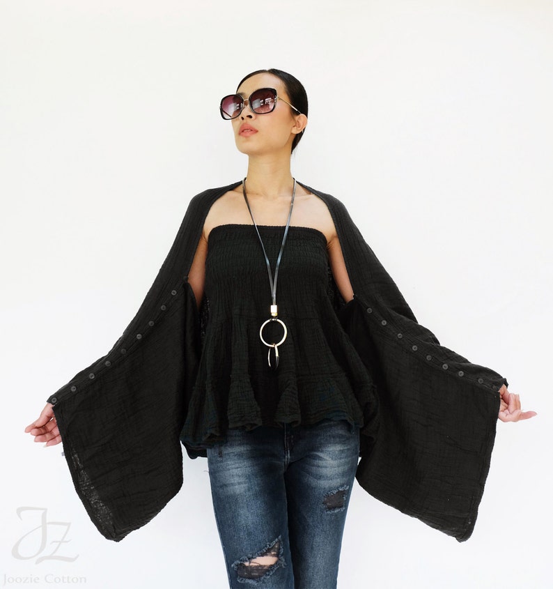 NO.141 Women's Scarves, Shawl With Buttons, Convertible Scarf, Natural Fiber Flexible Cotton Shawl in Black image 1