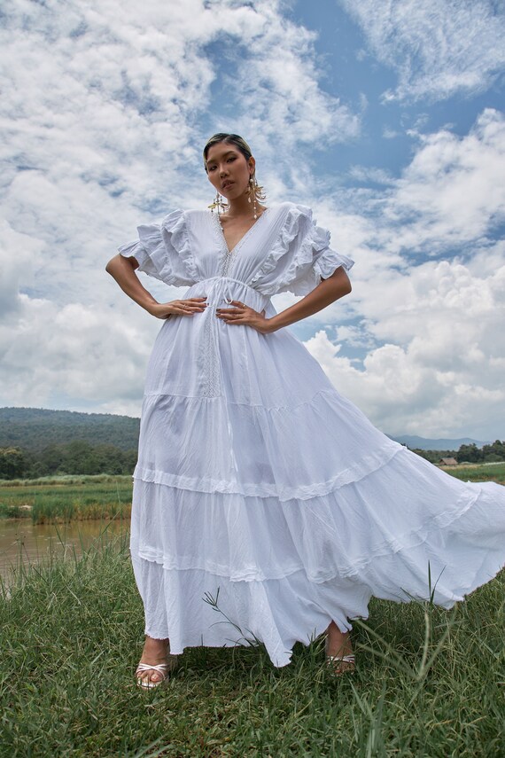 NEW---NO.324 Women's Cap Sleeve Ruffle Panel Drawstring Empire Waist Maxi Dress, Boho Lace Insert Tiered Dress in White