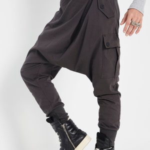 NEWNO.315 Mens Cross Front Drop Crotch Pants, Button Flap Pants, Harem Trouser with Pockets, Unisex Urban Joggers in Charcoal image 2