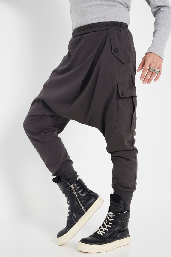 NO.315 Men's Cross Front Drop Crotch Pants, Button Flap Pants