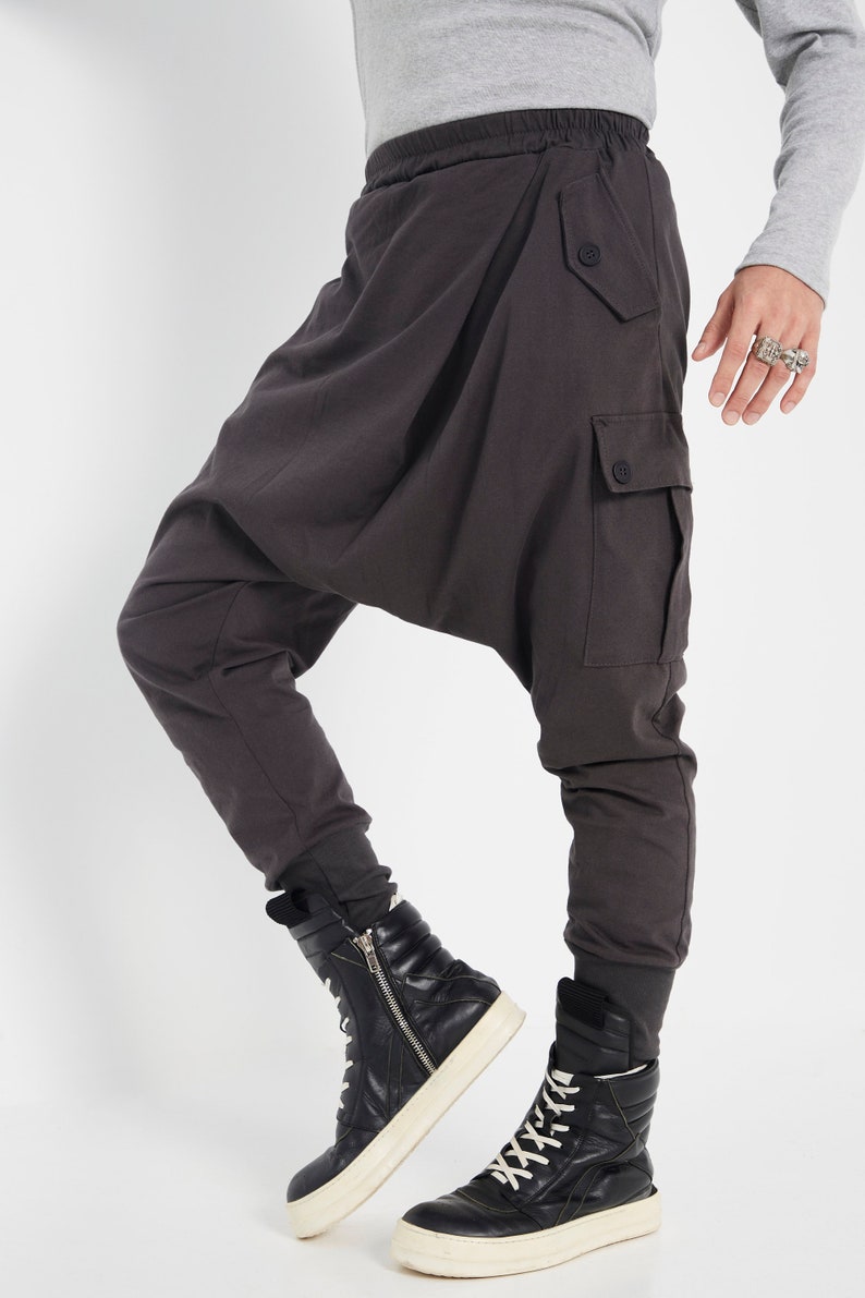 NEWNO.315 Mens Cross Front Drop Crotch Pants, Button Flap Pants, Harem Trouser with Pockets, Unisex Urban Joggers in Charcoal image 2