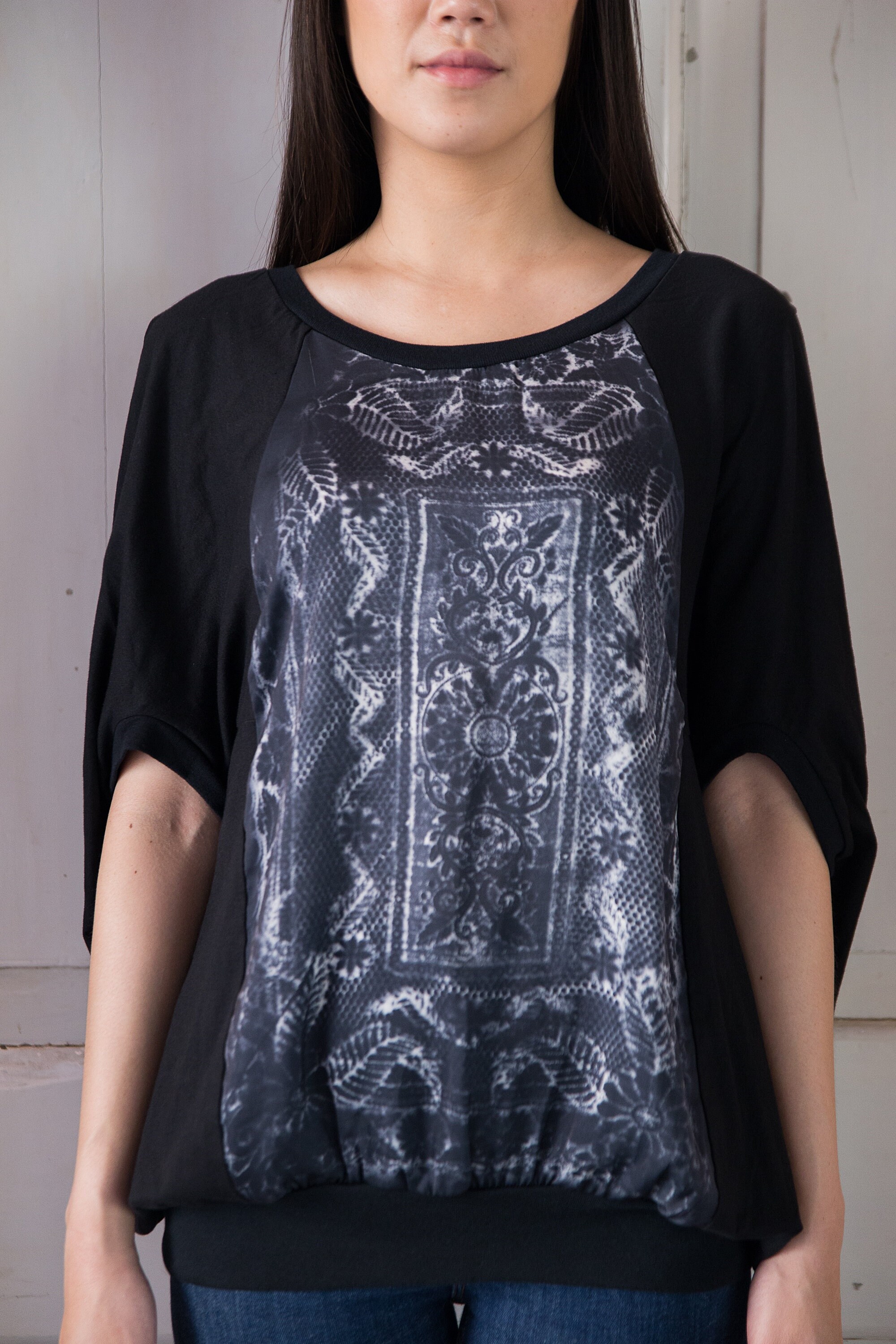 NO.245 Women's Printed Front Panel Cocoon T Shirt in Black - Etsy