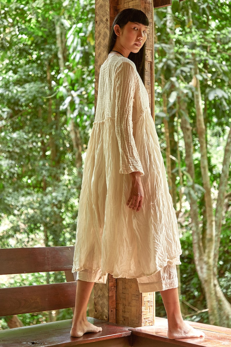 NO.251 Long Sleeve Wrap Dress, Casual Summer Dress, Natural Fiber Flexible Cotton Long Cardigan in Cream image 3