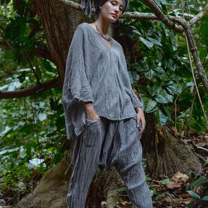 NO.276 Women's V Neck Kaftan Top, Loose Casual Summer Top, Natural Fiber Flexible Cotton Beachwear Caftan in Gray image 4