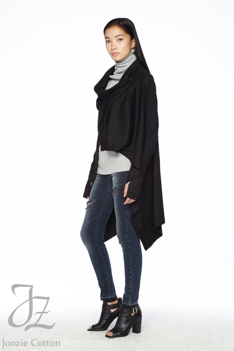 Women\u2019s Cardigan Wrap Top NO.61 Black Cotton-Blend Jersey Versatility Cardigan