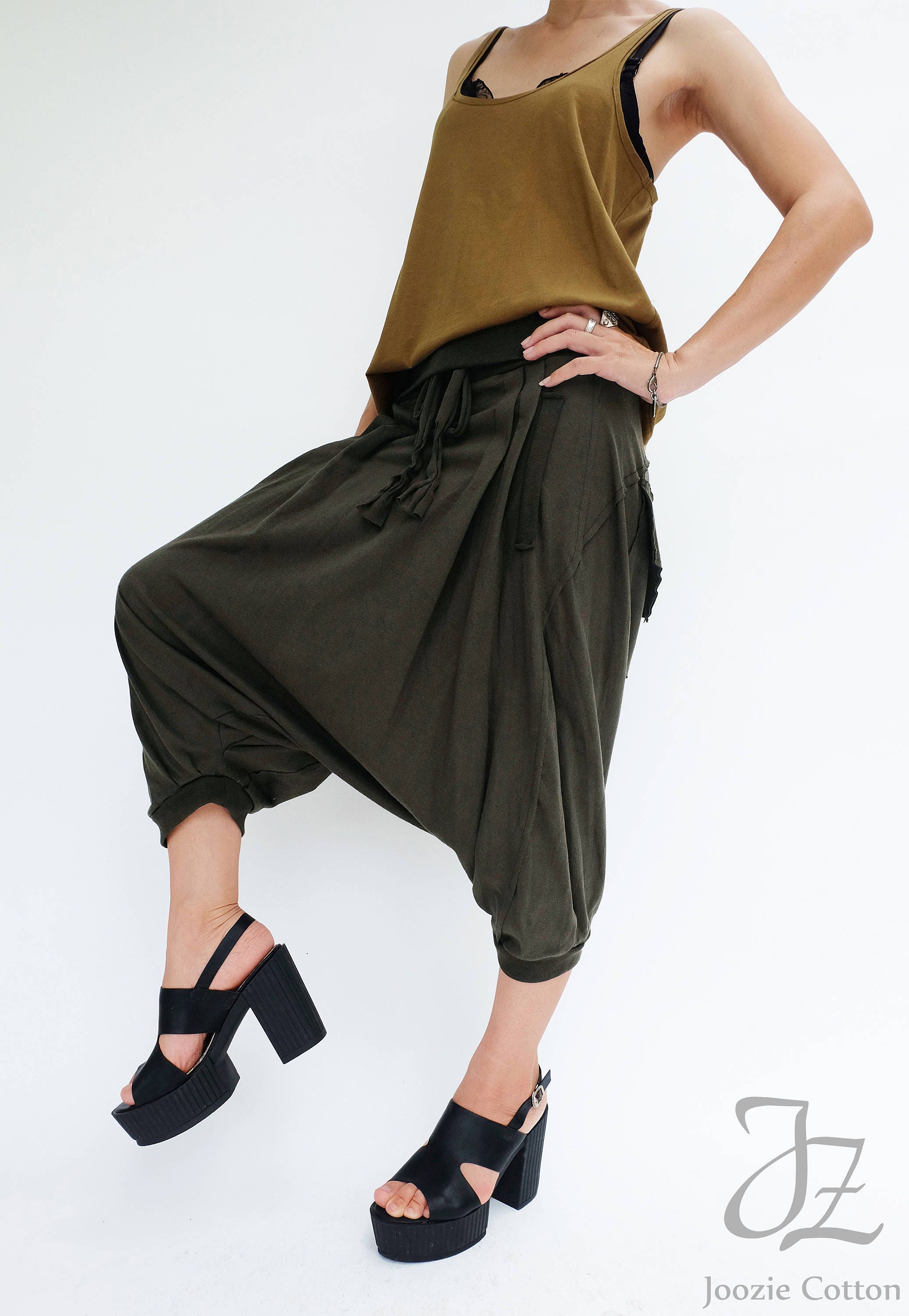 NO.184 Women's Pleated Front Drop Crotch Harem Pants, Low Crotch Trousers, Casual Harem Shorts in Olive