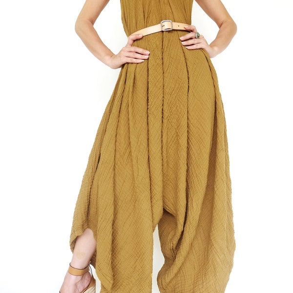 NO.275 Women's Lagenlook Wide Leg Romper, Casual Harem Jumpsuit, Natural Fiber Flexible Cotton Playsuit in Mustard Yellow