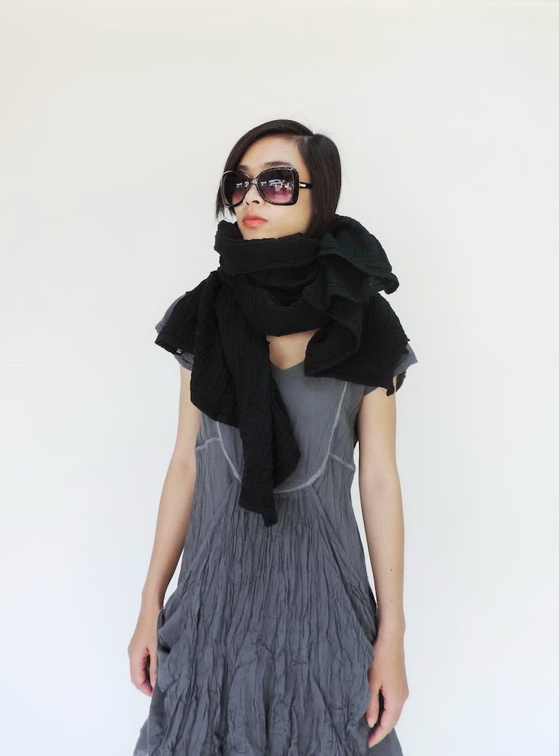 NO.141 Women's Scarves, Shawl With Buttons, Convertible Scarf, Natural Fiber Flexible Cotton Shawl in Black image 2