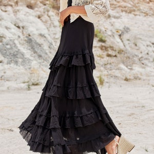 NO.303 Women's Tiered Ruffle Detail Long Skirt, Boho A-line Maxi Skirt, Natural Fiber Flexible Cotton Skirt zdjęcie 8