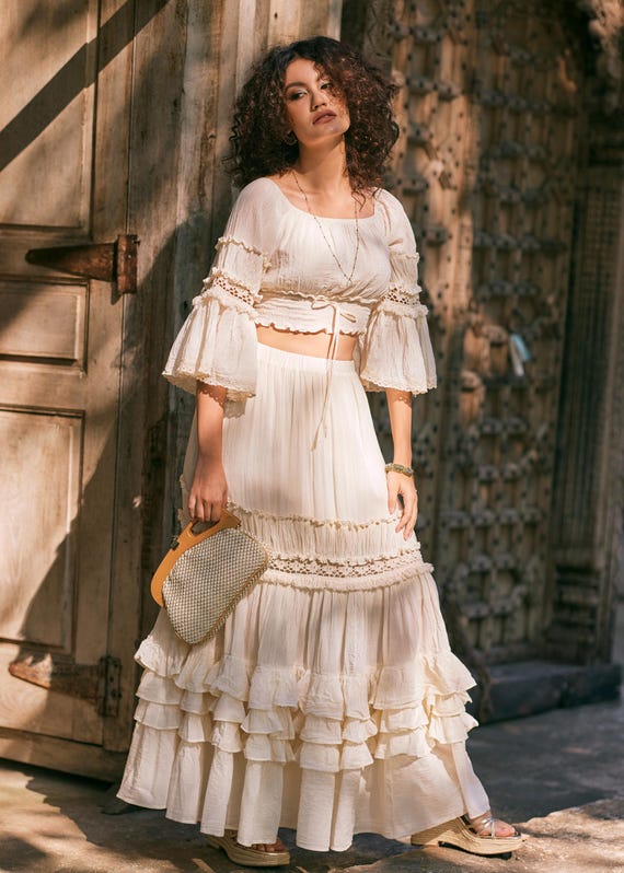 jooziecotton NEW---NO.323 Women's Two Piece Set, Bell Sleeves Crop Top, Tiered Lace Insert Maxi Skirt, Boho Blouse with Long Maxi Skirt Set