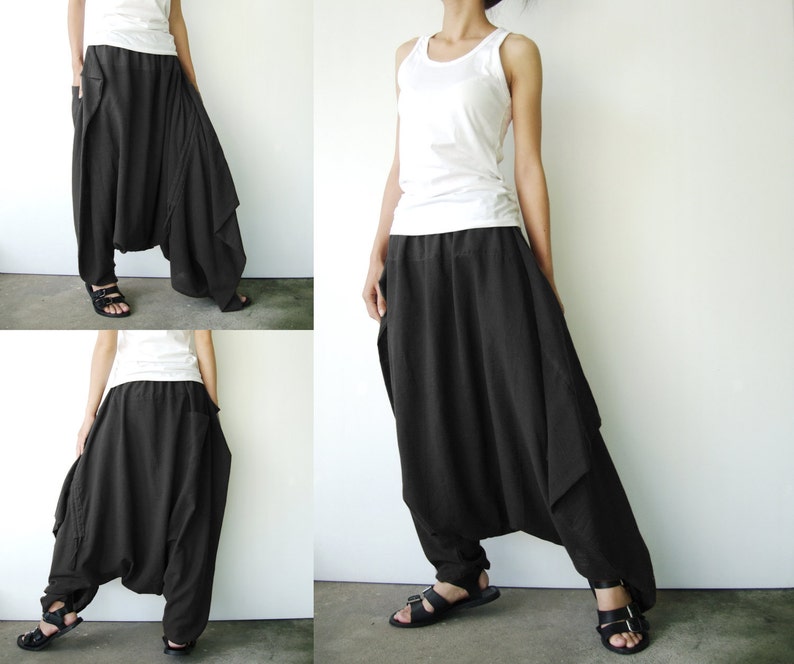 NO.26 Black Cotton Asymmetric Harem Pants Women Low Crotch | Etsy