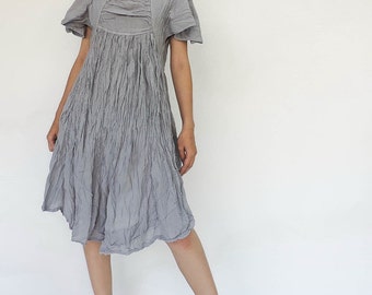 NO.9 Damen Kleid mit quadratischem Ausschnitt und Glockenärmeln, Resort Kleid, Sommer Baumwollkleid in Grau