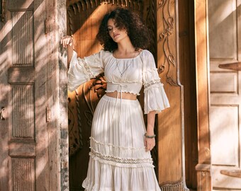 Corset White 2pc Skirt Set Women's Two Piece Set, Bell Sleeves
