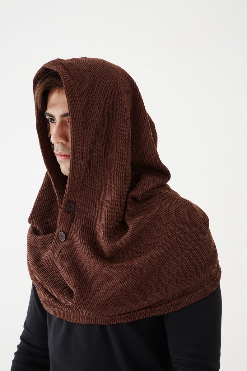 NO.97 Men's Hoodie Scarf, Hooded Cowl Buttons, Hooded Neck Warmer, Unisex Hoody Scarf in Brown image 1