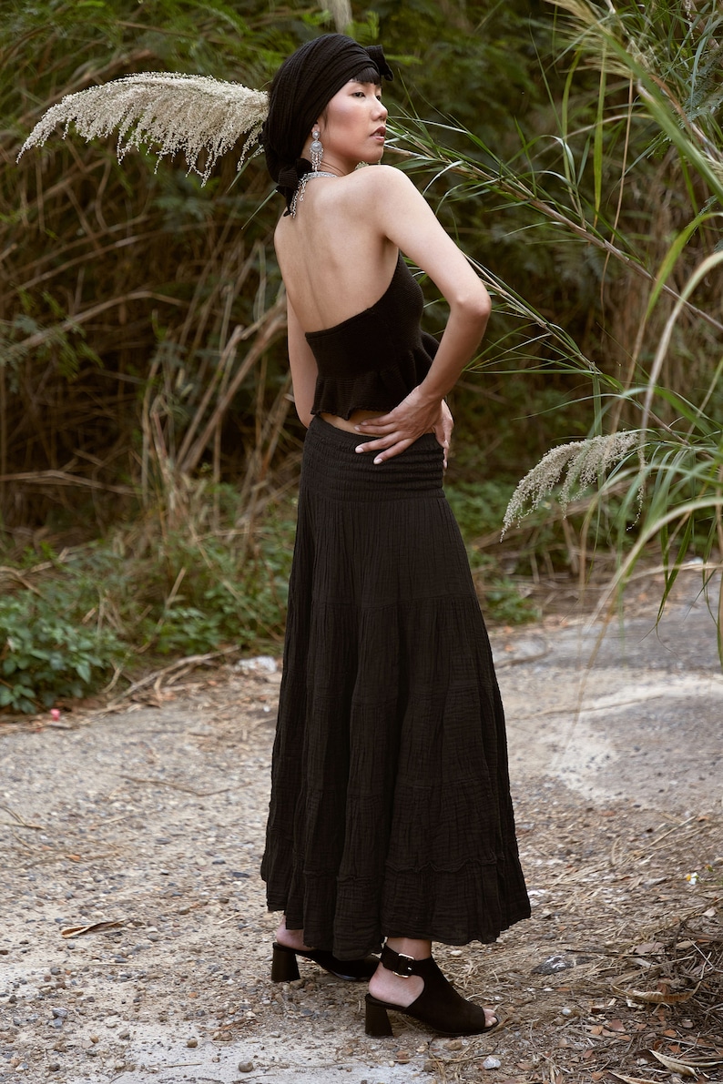 NO.305 Women's Smocked Waist Maxi Skirt, Tiered Peasant Maxi Skirt, Natural Fiber Flexible Cotton Boho Skirt in Black image 9
