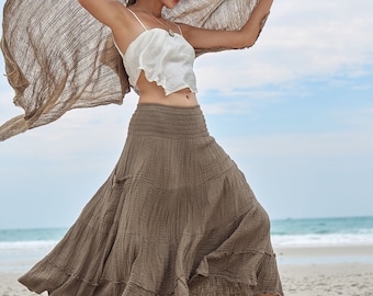 NO.240 Women's Smocked Waist Peasant Midi Skirt, Tiered Pocket Skirt, Natural Fiber Flexible Cotton Boho Skirt in Khaki Brown