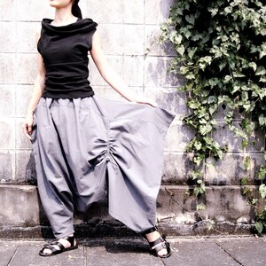 NO.155 Women's Drawstring Low Crotch Asymmetric Harem Pants, Extravagant Trousers in Gray image 2